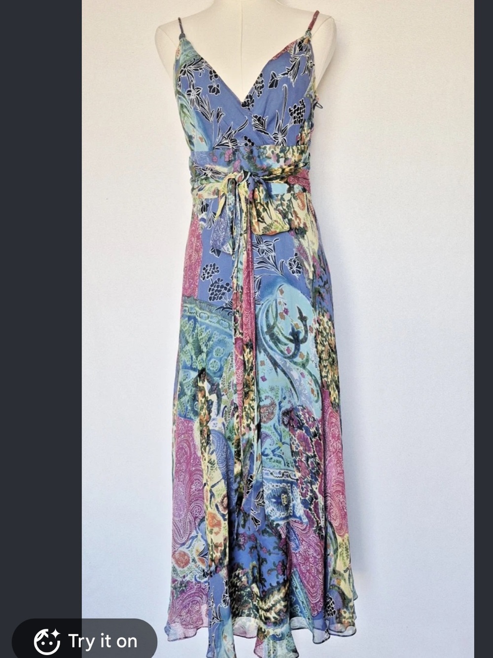Talbots silk scarf Blue Pink Cream Paisley Maxi dress silk vintage
